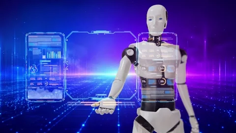 AI Circuit and Data Structure Hologram with Futuristic 3D Robot 4K Stock Footage 341842845