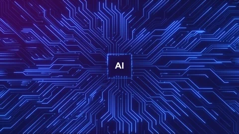 AI circuit board technology background glowing blue pathways, central chip, digi Stock Footage 340408998