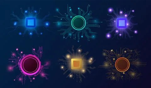 AI circuit boards vector set, Artificial intelligence microchip core, central Stock Illustration