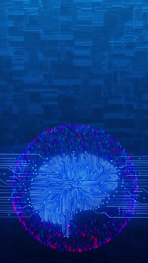 AI circuit brain technology glowing processor shape, binary particle sphere, and Stock Footage 340555889