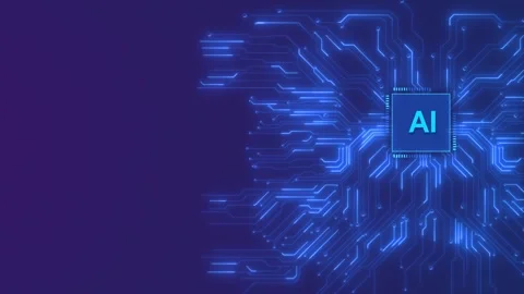 AI circuit chip background with glowing blue processor lines, purple copy space, Stock Footage 334124582