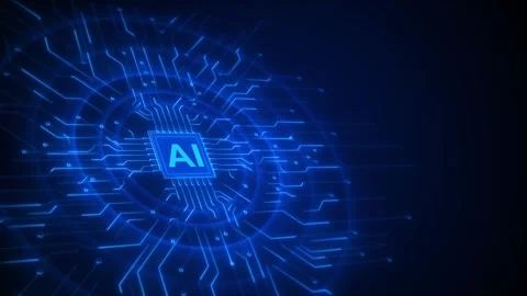AI circuit motion background with glowing blue processor, fast horizontal paths Stock Footage 333976730