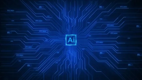 AI circuit processor background blue chip, connecting electronic lines, tech spa Stock Footage 340403177