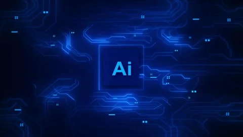 AI circuit technology glowing blue processor panel, digital line paths, connecte Stock Footage 340457188