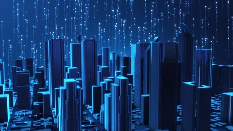 AI City Network with Binary Code and Futuristic Data Buildings Stock Footage 342623024
