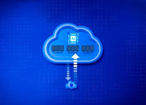 AI cloud storage system with data center servers icons and upload-download .. 库存照片