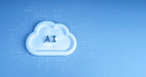 AI cloud symbol with digital circuit graphics on clean blue background. Ent.. Stock Photos