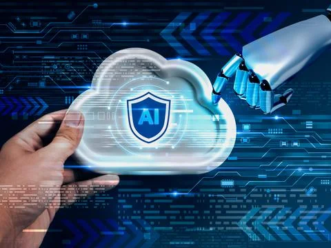 AI cloud technology concept with human and robot hands touching a digital c.. Foto stock