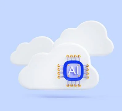 AI clouds with chip in blue sky background 3d render. Artificial intelligence Illustrazione stock