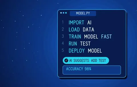 AI code editor window with Python model script, train and deploy steps, AI イラスト素材