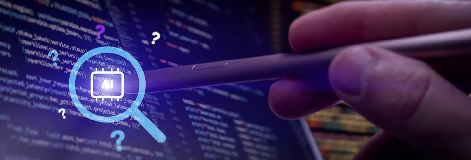 AI Code Review and Debugging with Magnifying Glass on Source Code Stock Photos