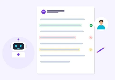AI code review assistant concept with smiling robot, developer avatar and 库存插图
