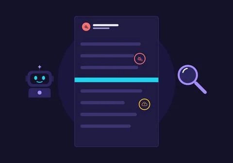 AI code review flat design illustration on dark background with robot assistant, Stock Illustration