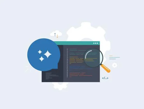 AI code review with magnifying glass analyzing programming script. Software Stock Illustration
