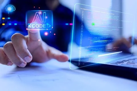 AI coding assistant concept with programmer pointing on artificial intelligen Stock-Fotos