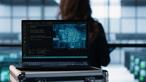 AI coding on notebook screen next to technicians inspecting servers, close up 스톡 사진