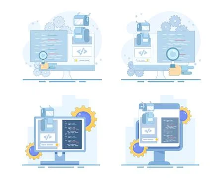 AI coding set illustrating automated programming, intelligent code generation Stock Illustration