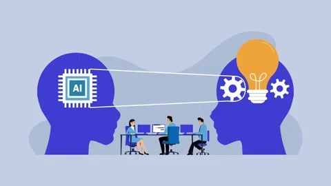 AI Collaboration and Innovation in the Workplace cartoon animation Stock Footage 302529796