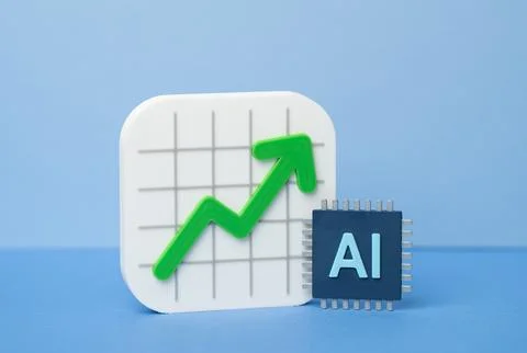 An AI computer chip and an upward arrow. Rising demand for AI tools, innovati Stock Photos