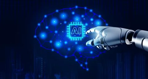 AI computer chip on digital artificial intelligence brain touching by 3d re.. Stock Illustration