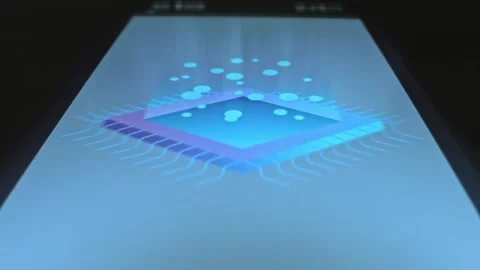 AI computer chip, graphic presentation on smartphone Stock Footage 303630935