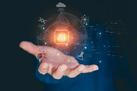 AI computer chip on hand. AI business concept. Artificial Intelligence digi.. Stock Photos