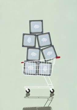 AI computer chips stacked in shopping cart on green background Stockillustratie