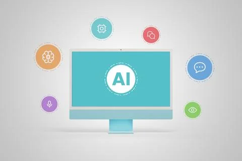 AI on computer display. Natural language processing, computer vision, speech Illustrazione stock