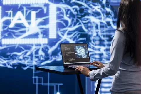 AI computer scientist using notebook for business data analysis 스톡 사진