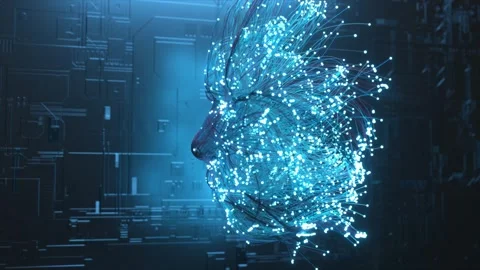 AI concept and big data concept with digital blue human face profile made from Stock Footage 247577619