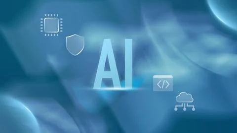 Ai concept displaying various digital technology icons on abstract blue bac.. Ilustración de archivo