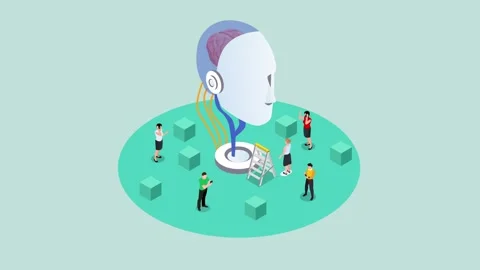 AI Concept with Giant Robot Head and People Using Voice Recognition Technol.. Stock Footage 337945081