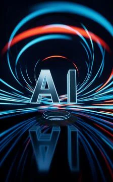 AI concept with spin lines effect background, 3d rendering. Illustrazione stock