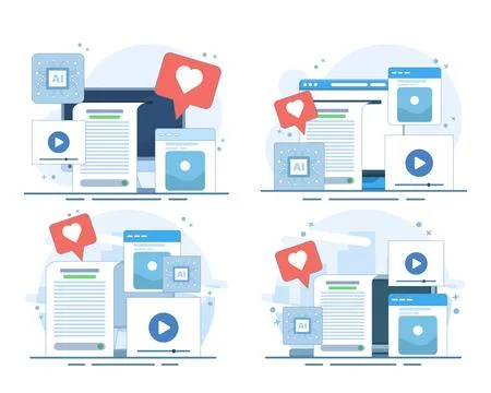 AI content creation set, artificial intelligence generating text. Stock Illustration