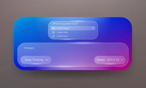 AI content generator platform user interface mockup with glassmorphism design Stock Illustration