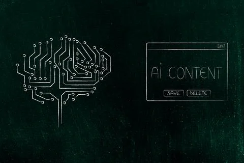 AI content pop-up message and microchip brain, artificial intelligence and .. Stock Illustration