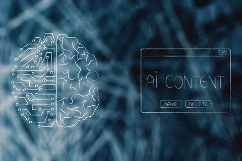 Ai content pop-up message with half micorchip half human brain next to it, .. Stock Illustration