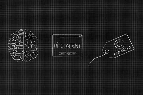 Ai content pop-up message with half micorchip half human brain and Copyrigh.. Illustrazione stock