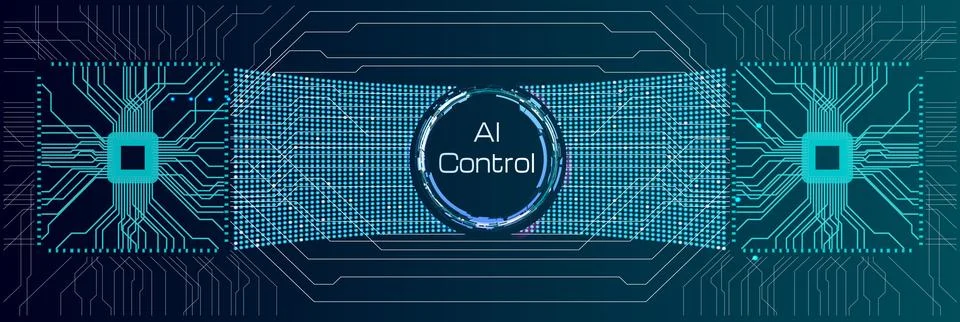 AI control concept. Symmetrical composition with glowing cyan microchips on.. Stock Illustration