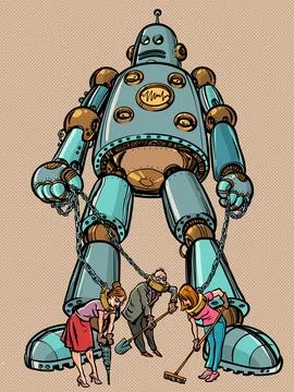 AI control over humanity. Robots keep people in chains. Jobs are being replaced Stock Illustration
