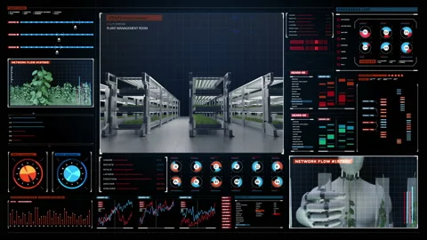 AI controlled automatic plant growth factory with futuristic user interface, 4k. Stock Footage 132328306