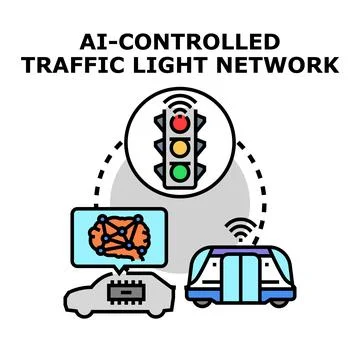 Ai controlled traffic light network managing urban transportation Illustration