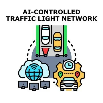 Ai controlled traffic light network managing smart city traffic Stock Illustration