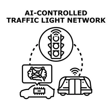 Ai controlled traffic light network managing urban transportation Stock Illustration