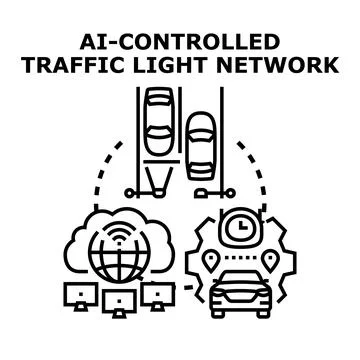Ai controlled traffic light network managing smart city traffic Stock Illustration