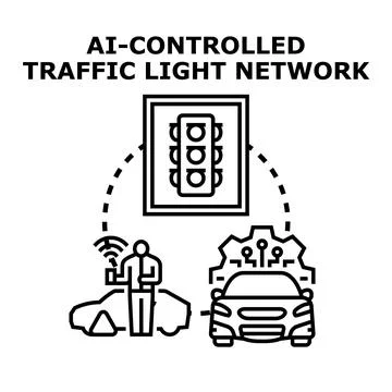 Ai controlling traffic lights network with connected vehicles 스톡 일러스트
