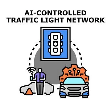 Ai controlling traffic lights network with connected vehicles Stock Illustration