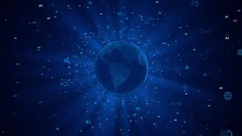 AI controls global network. Robot hand point Earth cyber space. Robotic 3d Earth Stock Footage 278042604