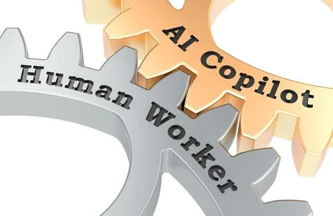 AI copilot and human worker gears. Symbolizing collaboration between artifi.. Stock Illustration