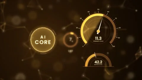 AI core dashboard with a glowing gold gauge primary load dial and buffer level Vídeo Stock 344670285